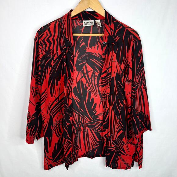 Chico's Design Red & Black Button-Down Silk Blouse 3/16 - Picture 3 of 6